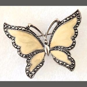Whispering Wings"  Ivory Enamel Butterfly Brooch/Pin Marcasite Silver Tone Avon
